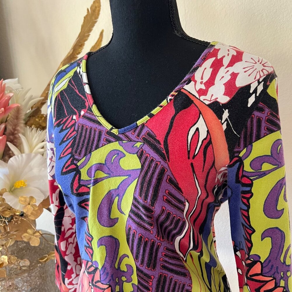 Vintage y2k Retro Colorful Abstract Stretchy V-neck Top with 3/4 Sleeves - Picture 3 of 9